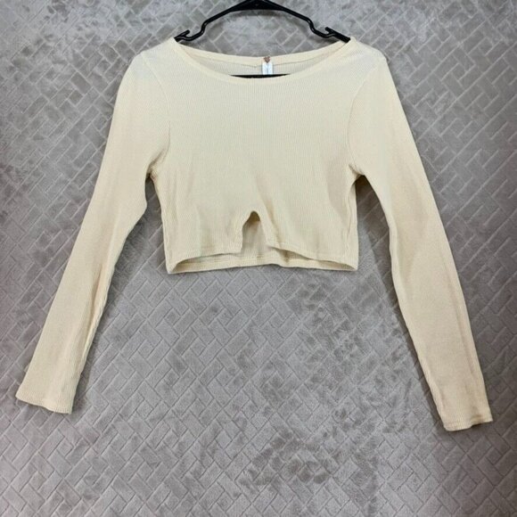 La Hearts Tops - LA Hearts Womens S T Shirt Long Sleeve Cream White Waffle Knit Cropped Lounge